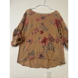 Colette Made in Italy Linen Cotton Floral Blouse Roll Tab Sleeve One Size